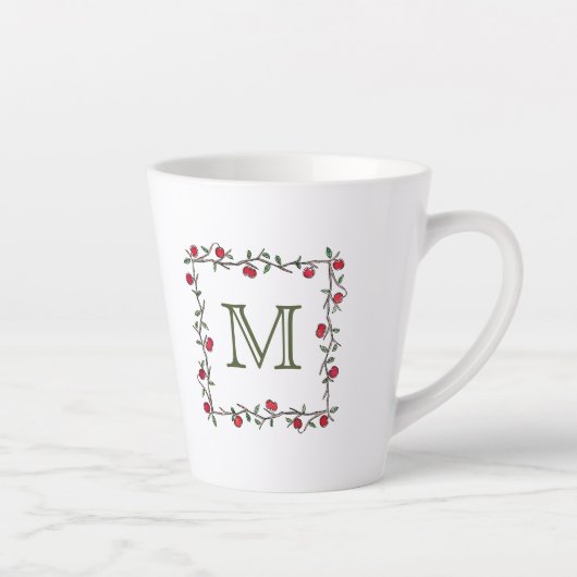 Elegant Red Apple Vine Black Monogram Initial Milchtasse (Rechts)