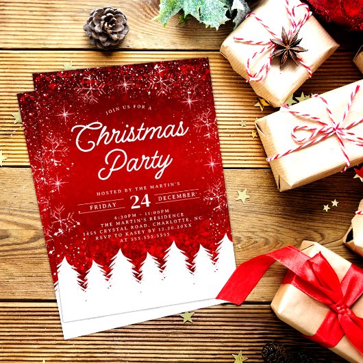 Elegant Red | Bäume & Schneeflocken Weihnachtsfest Einladung