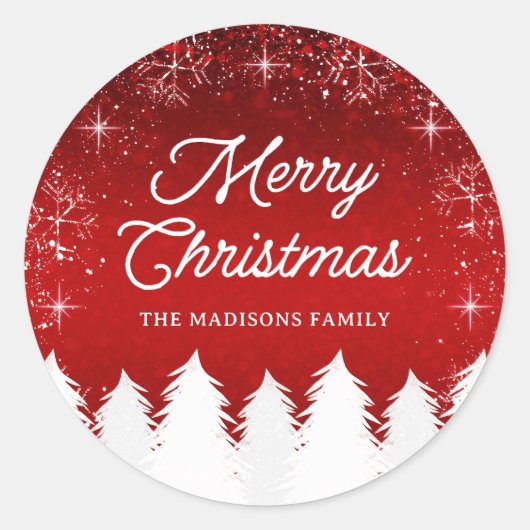 Elegant Red | Bäume & Schneeflocken Weihnachtsfest Runder Aufkleber (Vorderseite)