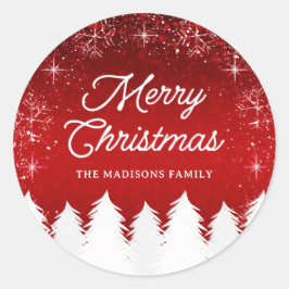 Elegant Red | Bäume & Schneeflocken Weihnachtsfest Runder Aufkleber