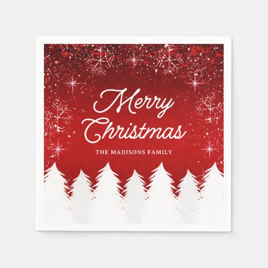 Elegant Red | Bäume & Schneeflocken Weihnachtsfest Serviette (Vorderseite)