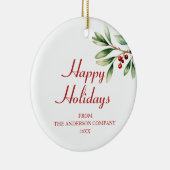 Elegant Red Berries Green Company Happy Holidays Keramik Ornament (Rechts)