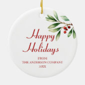 Elegant Red Berries Green Company Happy Holidays Keramik Ornament (Hinten)