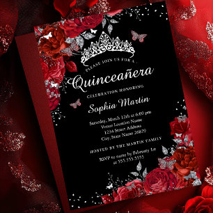 Elegant Red Black Floral Butterfly Quinceanera Folieneinladung