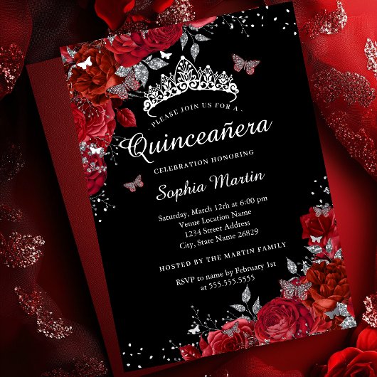 Elegant Red Black Floral Butterfly Quinceanera Folieneinladung