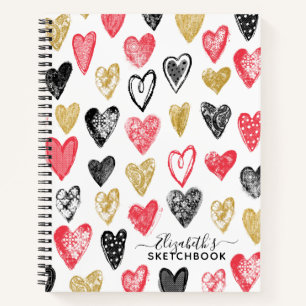 Elegant Red Black Hearts Your Name Sketchbook Notizblock