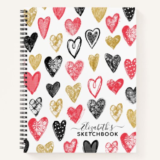 Elegant Red Black Hearts Your Name Sketchbook Notizblock (Vorderseite)