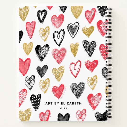 Elegant Red Black Hearts Your Name Sketchbook Notizblock (Rückseite)