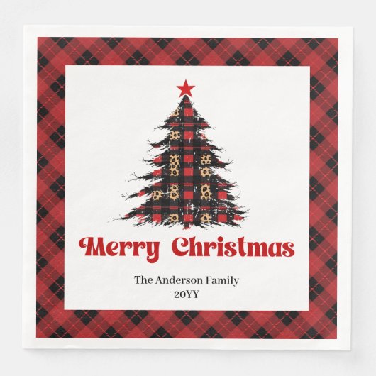 Elegant Red Black Plaid Tree Napkin Editable Serviette (Vorderseite)