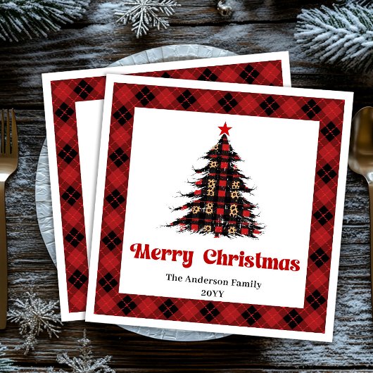 Elegant Red Black Plaid Tree Napkin Editable Serviette