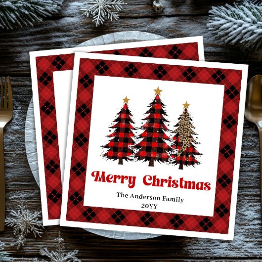 Elegant Red Black Tartan Napkin Custom Name Serviette
