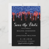 Elegant Red Blue Glitzer Tropfens Patriotic Weddin Save The Date (Vorderseite)