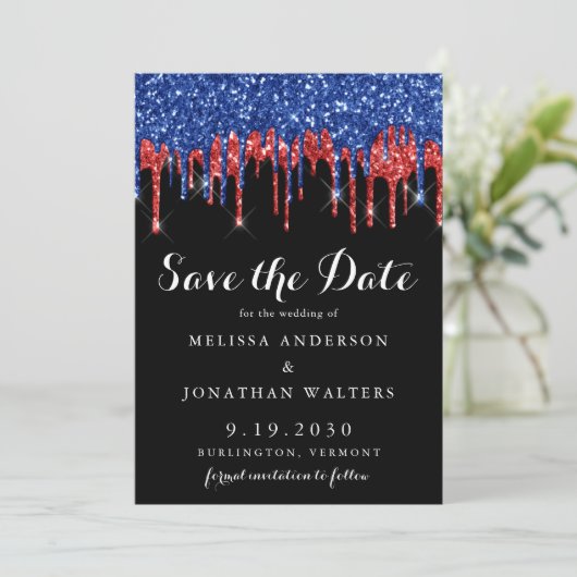 Elegant Red Blue Glitzer Tropfens Patriotic Weddin Save The Date (Stehend Vorderseite)