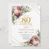 Elegant Red Blush Floral 80th Birthday Invite Einladung (Vorderseite)