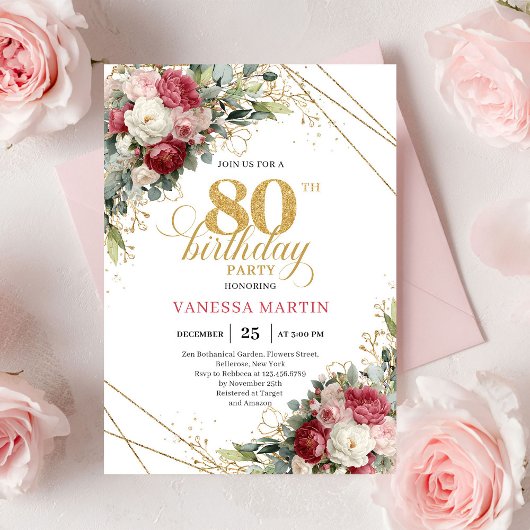 Elegant Red Blush Floral 80th Birthday Invite Einladung