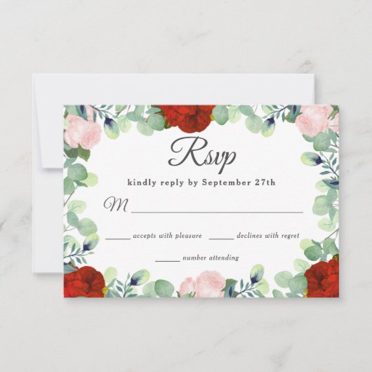 Elegant Red Blush Rose Grüne Hochzeit RSVP Karte (Vorderseite)