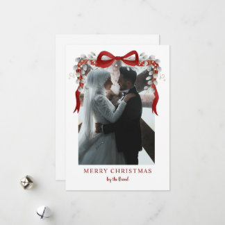 Elegant Red Bow and Eucalyptus Photo Christmas Ar Feiertagskarte