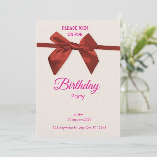 Elegant Red Bow Birthday Invitation Einladung (Stehend Vorderseite)
