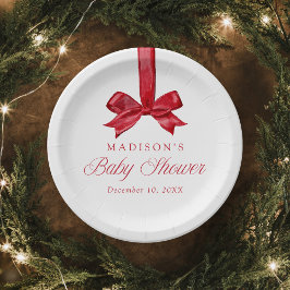 Elegant Red Bow Christmas Baby Shower Pappteller