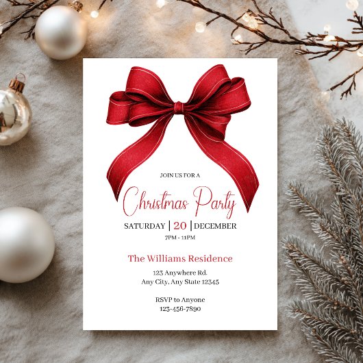 Elegant Red Bow Christmas Party Einladung