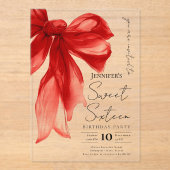 Elegant Red Bow Coquette Script Sweet 16 Party Acryleinladungen (Vorderseite)