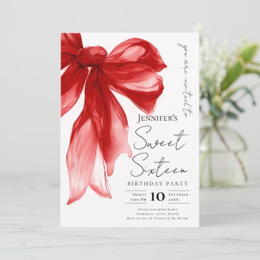 Elegant Red Bow Coquette Script Sweet 16 Party  Einladung (Stehend Vorderseite)