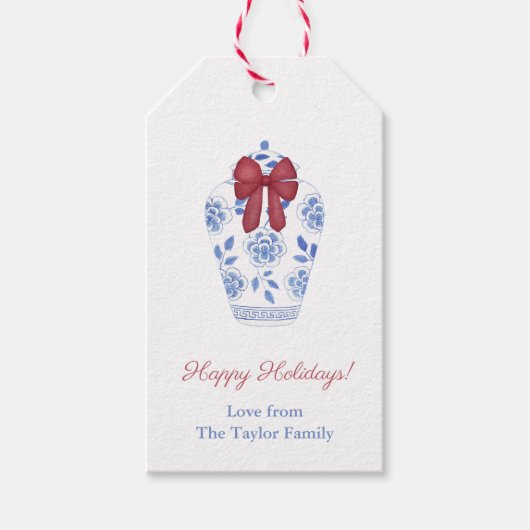 Elegant Red Bow On Ginger Jar Happy Holidays Geschenkanhänger (Vorderseite)