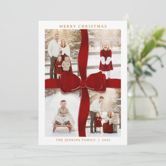 Elegant Red Bow Photo Christmas Card Einladung (Stehend Vorderseite)