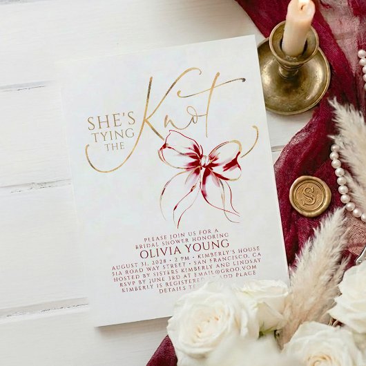 Elegant Red Bow She's Tying The Knot Bridal Shower Einladung