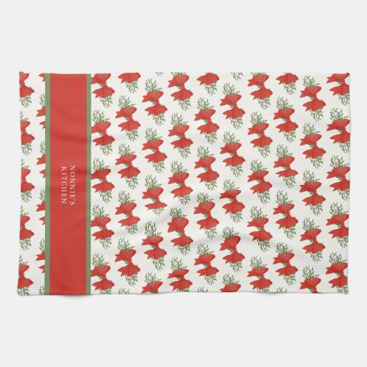 Elegant Red Bow with greenery Monogram Name Geschirrtuch (Horizontal)
