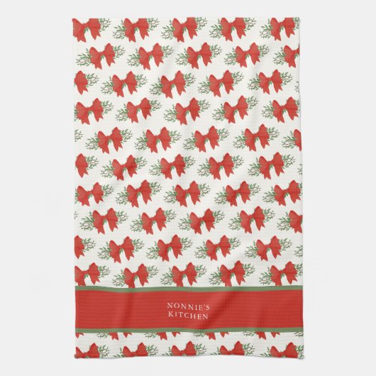 Elegant Red Bow with greenery Monogram Name Geschirrtuch (Vertikal)