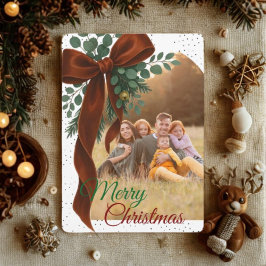 Elegant Red Bow with Greenery Photo Christmas  Feiertagspostkarte