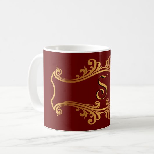 Elegant Red Burgundy Maroon Gold Monogram Initial Kaffeetasse (Vorderseite Links)
