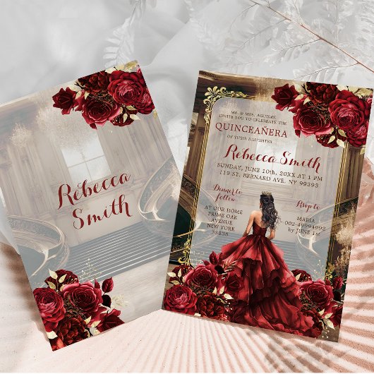Elegant Red Burgundy Royal Palace Princess XV Años Einladung