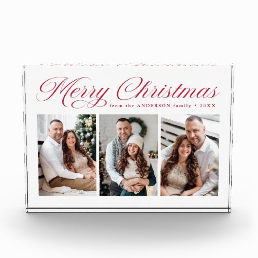 Elegant Red Calligraphy Script Frohe Weihnachten 3 Fotoblock (Vorderseite)