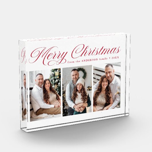 Elegant Red Calligraphy Script Frohe Weihnachten 3 Fotoblock (Links)