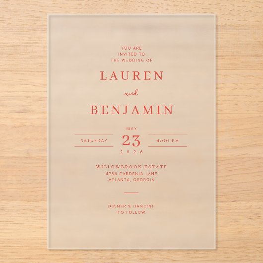 Elegant Red Calligraphy Wedding Invitation Acryleinladungen (Vorderseite)