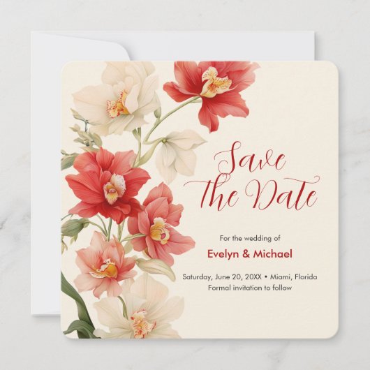 Elegant Red Cattleya Orchids Wedding speichern das Save The Date (Vorderseite)