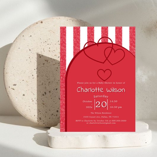 Elegant Red Chalk Stripe Triple Hearts Baby Shower Einladung