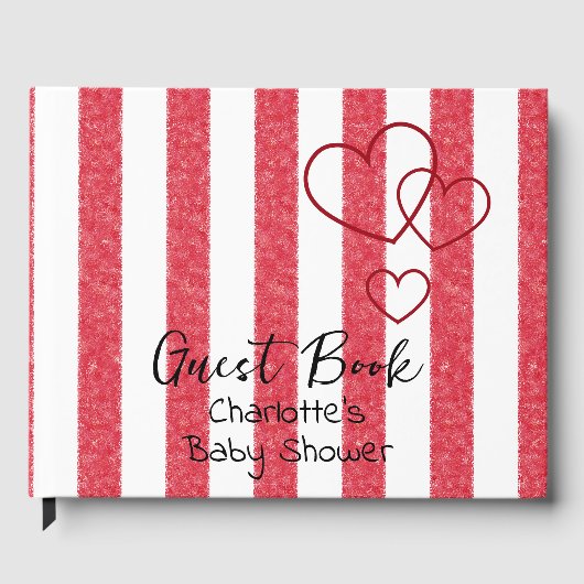 Elegant Red Chalk Stripe Triple Hearts Baby Shower Gästebuch (Vorderseite)