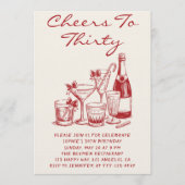Elegant Red Cheers to Thirty Cocktail Birthday Einladung (Vorderseite)