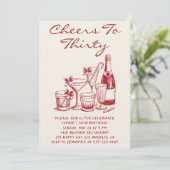 Elegant Red Cheers to Thirty Cocktail Birthday Einladung (Stehend Vorderseite)