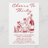 Elegant Red Cheers to Thirty Cocktail Birthday Einladung (Vorderseite)