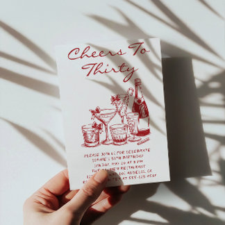 Elegant Red Cheers to Thirty Cocktail Birthday Einladung