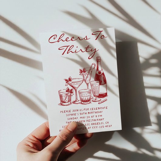 Elegant Red Cheers to Thirty Cocktail Birthday Einladung