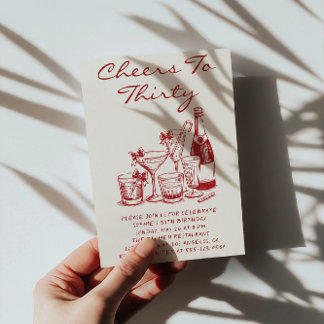 Elegant Red Cheers to Thirty Cocktail Birthday Einladung