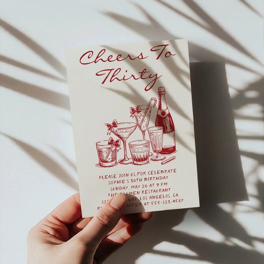 Elegant Red Cheers to Thirty Cocktail Birthday Einladung