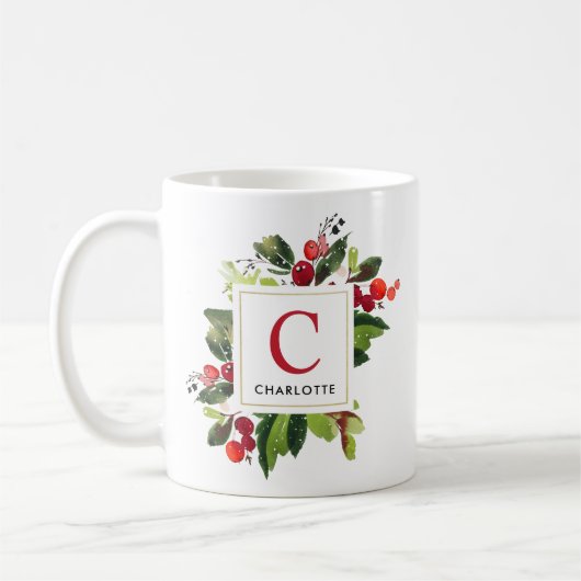 Elegant Red Christmas Greenery Monogram Kaffeetasse (Links)