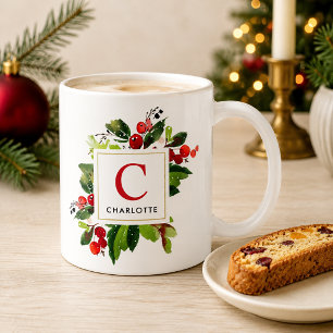 Elegant Red Christmas Greenery Monogram Kaffeetasse