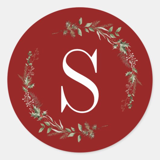 Elegant Red Christmas Greenery Monogram Wreath Runder Aufkleber (Vorderseite)